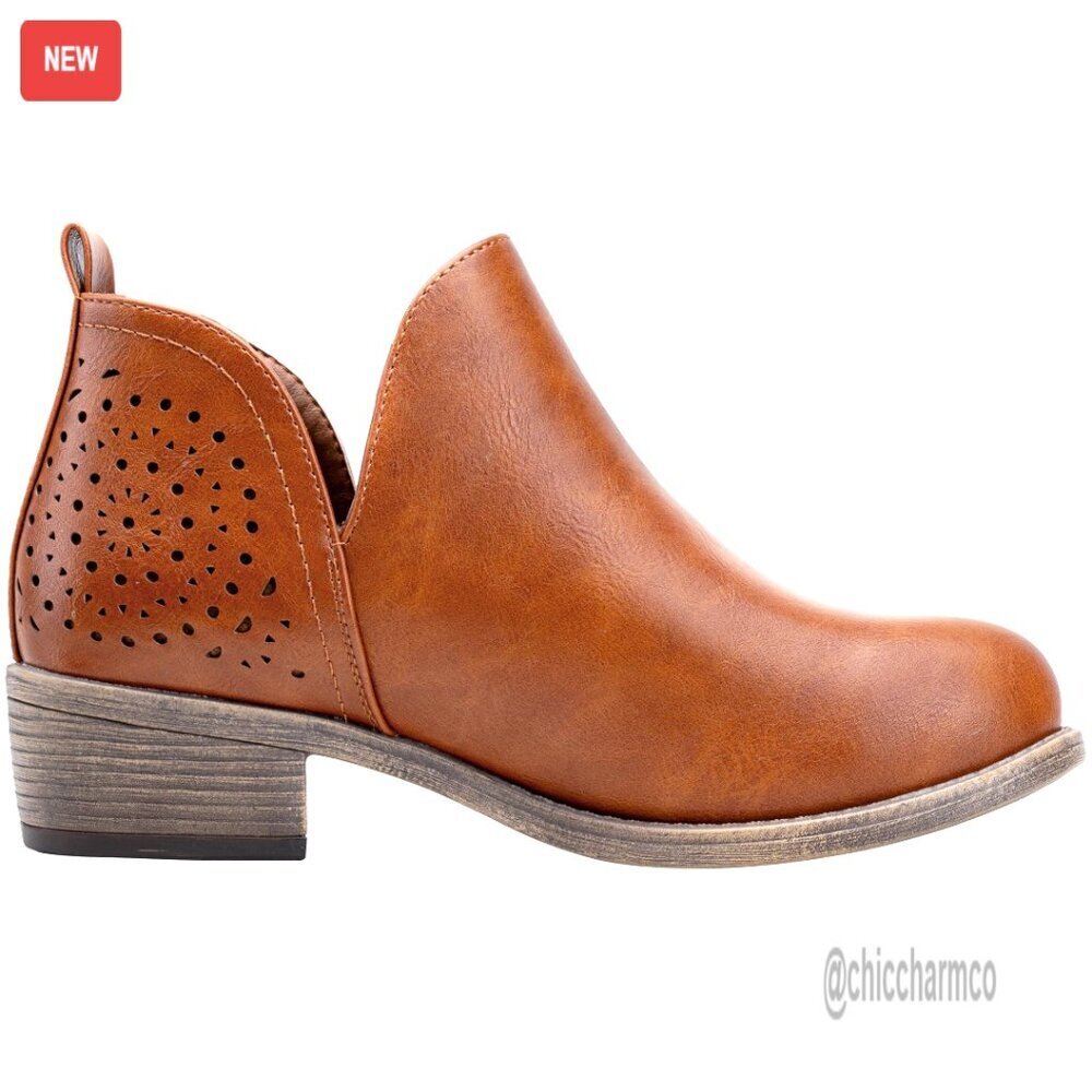Low Heel Ankle Boots with Western Cutout Perforated Design